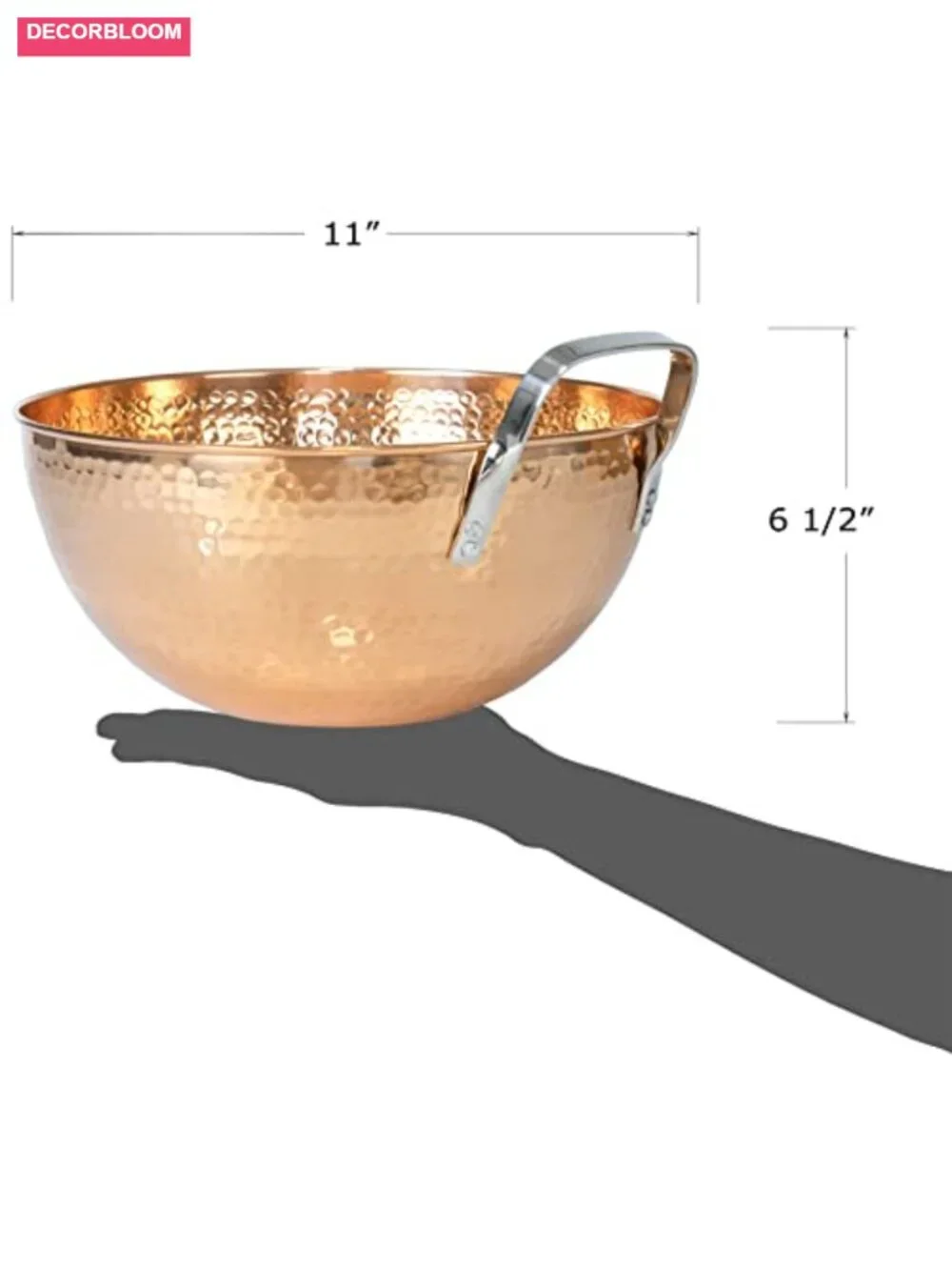 Pure Copper Mixing Bowl, 5 Quart 11 Inch, Hammered Finish with Handle